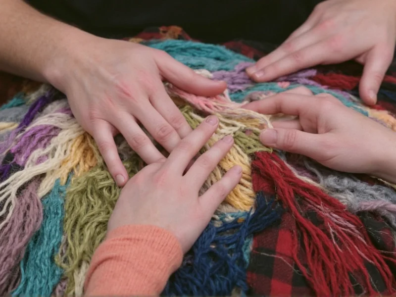 Close-up of hands weaving with reclaimed fabric scraps