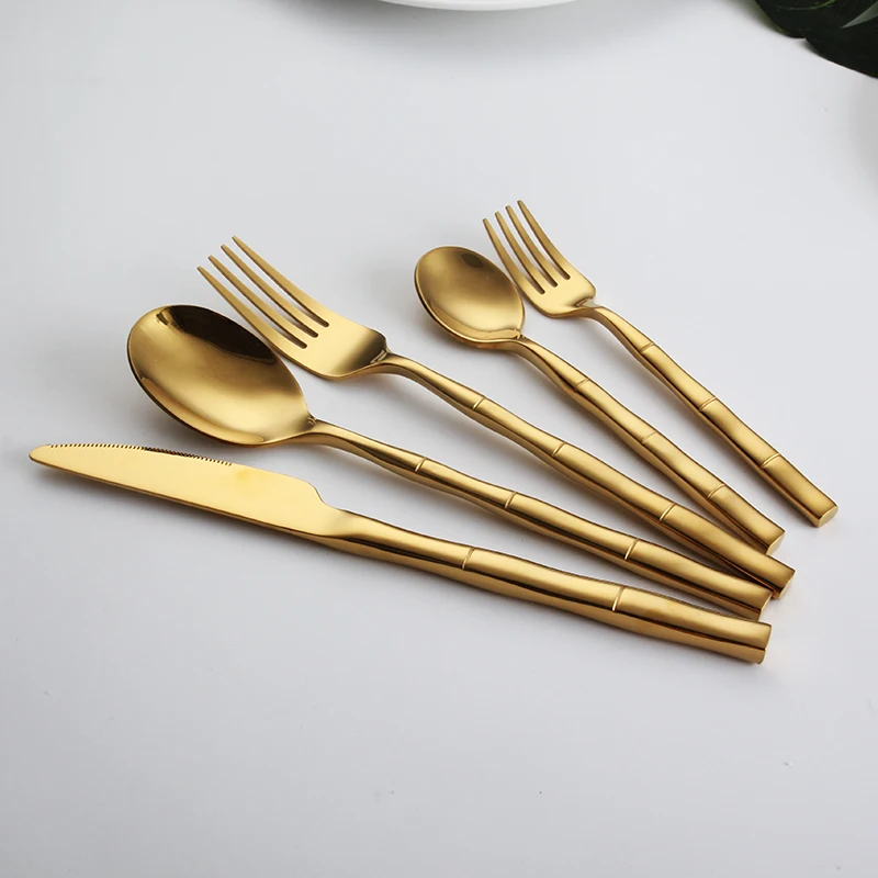 
Eco-Friendly 5 Pcs Gold Silver Flatware Set Bamboo Shape Handle Stainless Steel Luxury Cutlery Set 