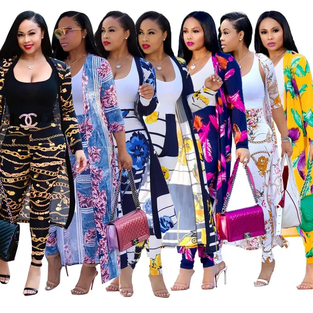 YH Dresses Women fall clothing Lady elegant Printed long coat leggings two piece set boutique clothing