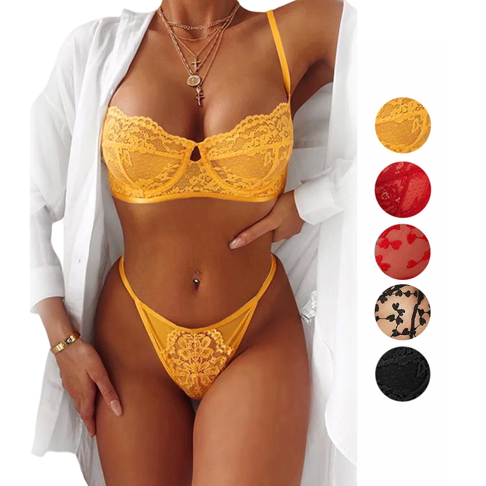 

Free Shipping 2021 Wholesale Fashion Women Bra and Thong Lenceria Yellow Pink Lace Balconette Bralette Set Sexy Lingerie, Accept customized women sexy lingerie