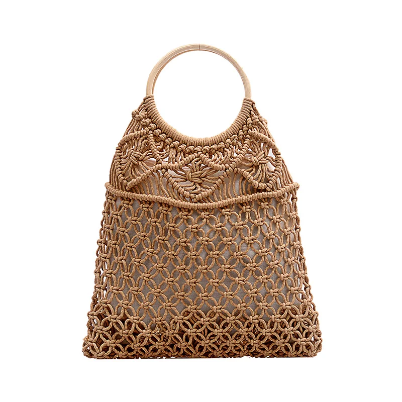 

Summer Beach Bags Handmade Net Bag Shopping Tote Beach Cotton Rope Woven Bag With Circle Handle, Khaki,white