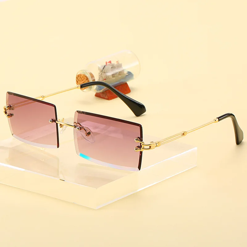 

2021 Summer Trending Frameless Sun Glasses Rose Gold Shades Small Rectangle Women Square Rimless sunglasses