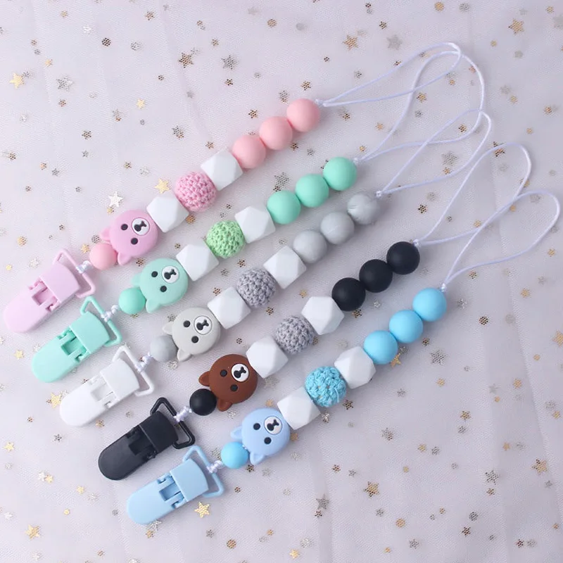 

Bear Head Round Silicone Beads Pacifier Clips Crochet Chewable Dummy Holder Soother Chains Baby Teething Toy