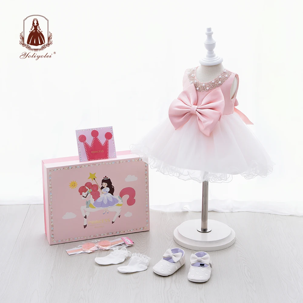 

Boutique Sleeveless Baby Clothes Cute Lace Toddler Girls Party Dresses With Shoe Hair Ring Suit Gift Box, Pink