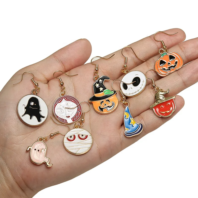 

Wholesale Enamel Alloy charms Halloween earrings Jack-o-Lantern mummy Ghost witch hat pendant earrings, Picture shows