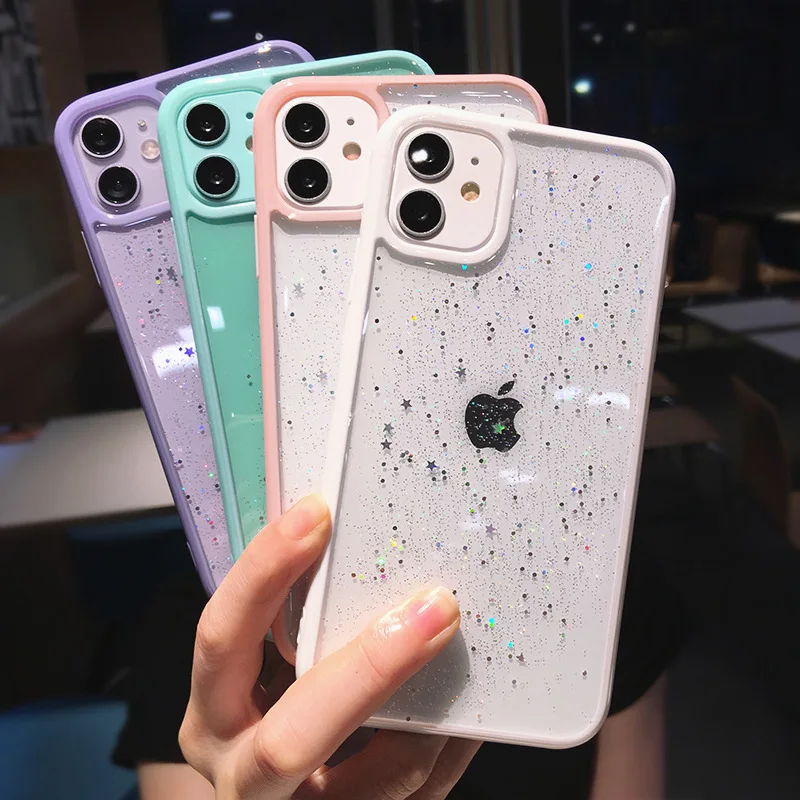 

Glitter Star Soft Bling Clear Phone Case For iPhone 11 Pro Max XS XR X 12 Mini 7 8 Plus Shockproof Transparent TPU Cover, 5 colors