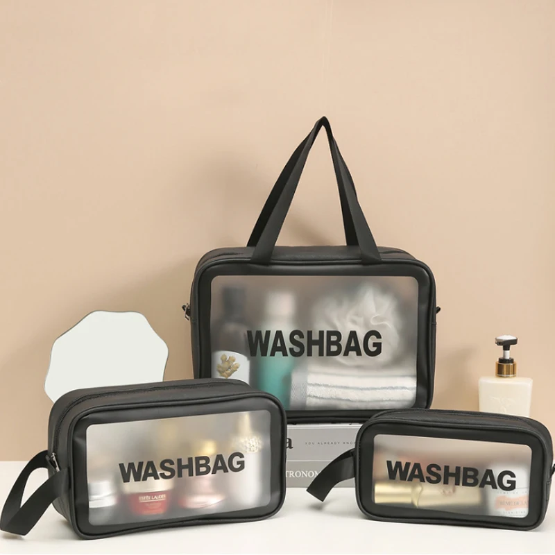 

2020 New Cosmetic Bag Large Capacity Portable Female Travel Waterproof Toiletries Storage Bag Zipper Type PU+PVC Cosmetic Bag
