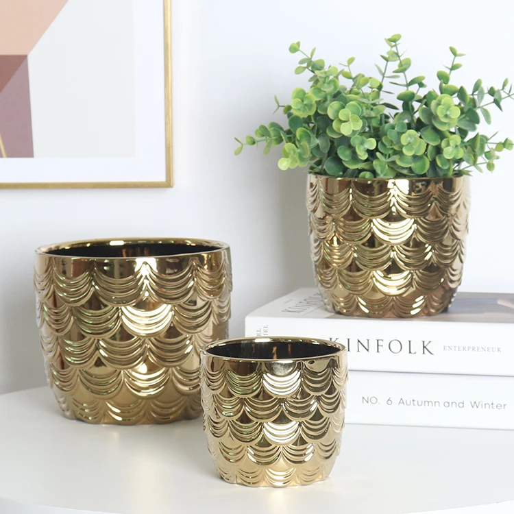 

Luxury Gold Ceramic vasos de planta Flower Pots Set Living Room Garden Decorative Unique Pattern Flower Pot For Plant