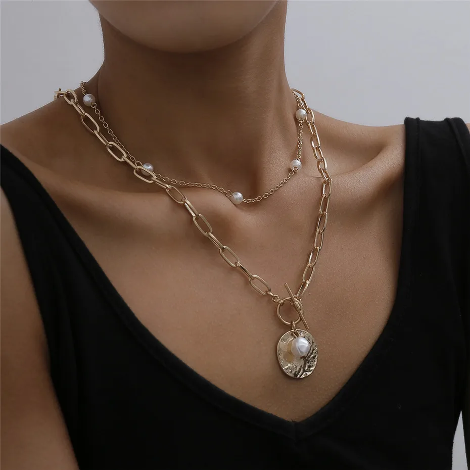 

New Arrival Fashion Chains Coin Baroque Pearl Pendant Necklace Punk OT Clasp Link Chain Necklace Women Jewelry