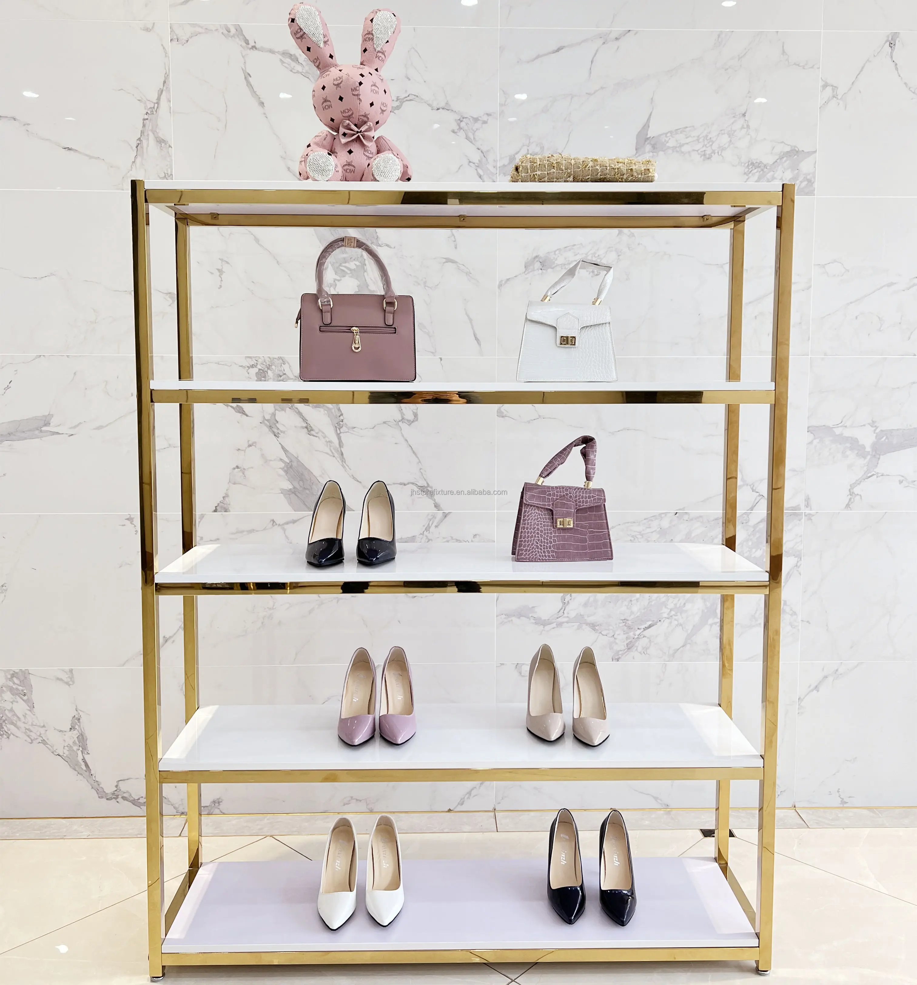 

New Design Boutique woman Shoe Store Display Stand Decoration Stainless Steel Metal Rack For Bag Shop MDF