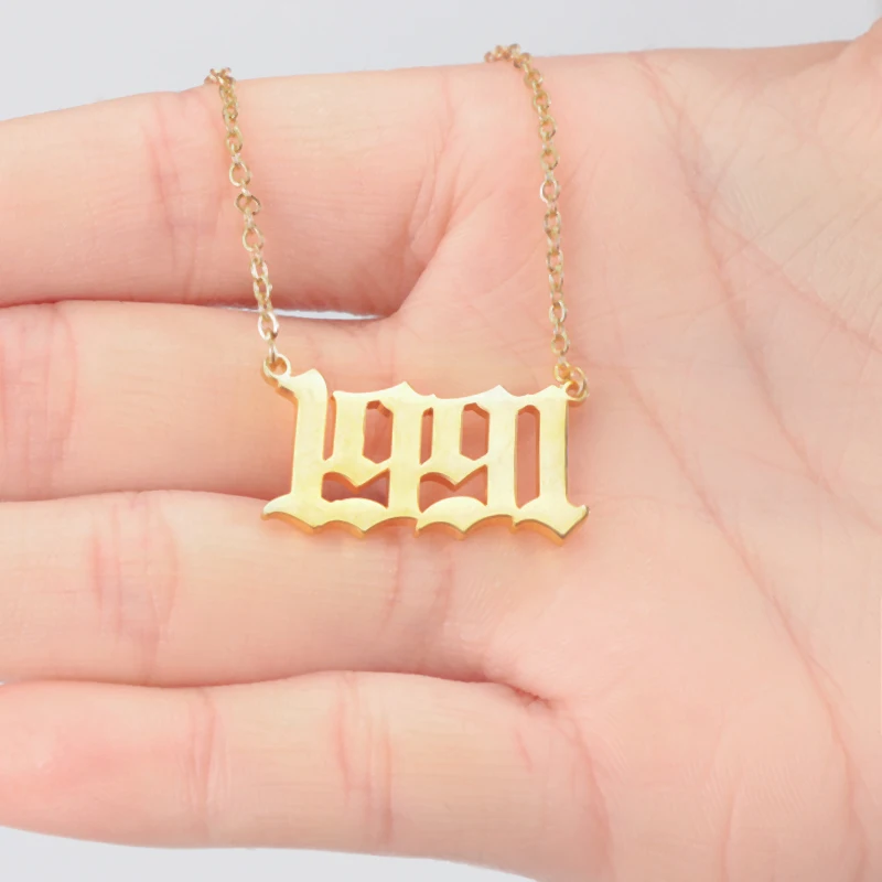 

18k Gold 316L Stainless Steel Birth Year Necklace Personalized Old English Arabic Year Number Pendant Necklace Jewelry