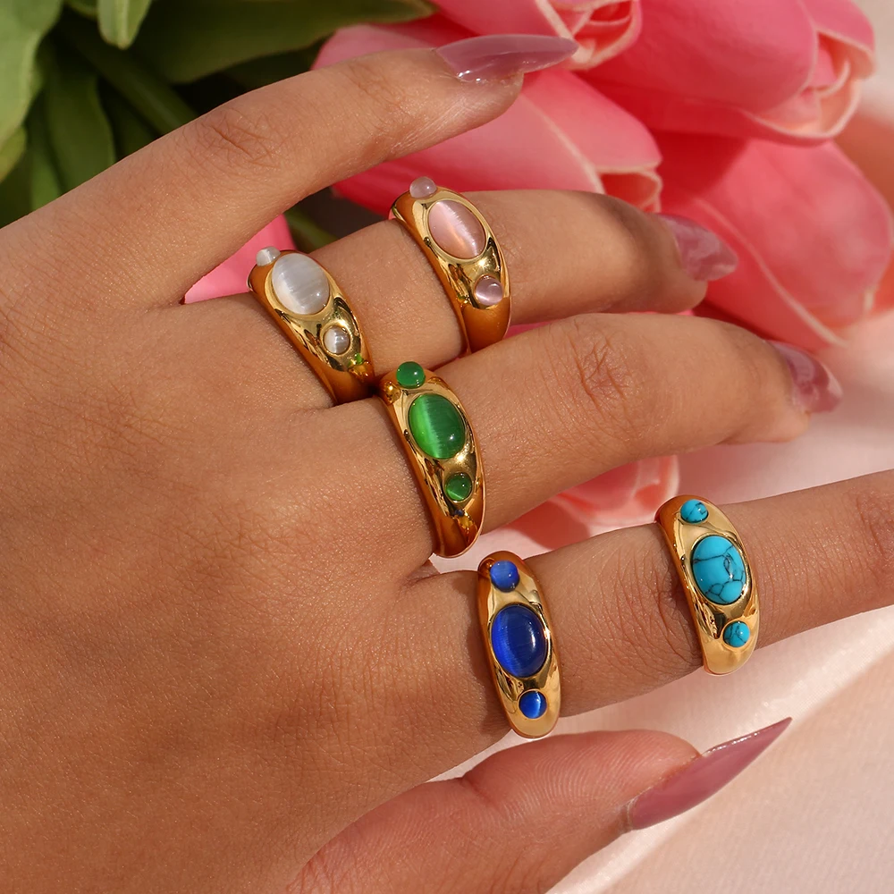 

Colorful Christmas Jewelry Turquoise Gemstone Opal Rings Gold Plated Rings Stainless Steel Gift For Women