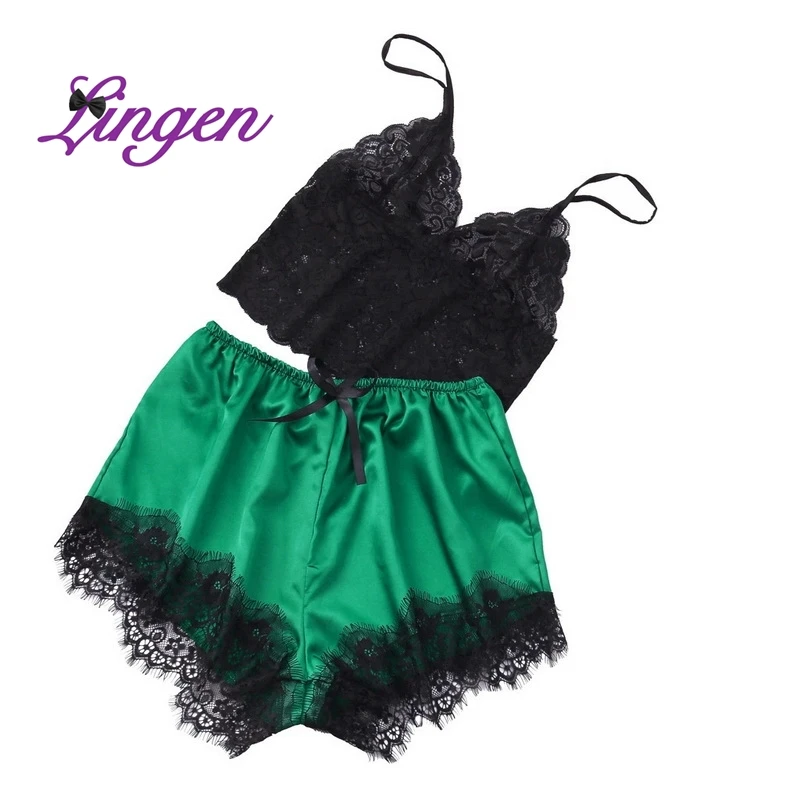

Wholesale New Satin Lace Sleepwear Women Sexy Pajama Sets, Black,pink,green etc