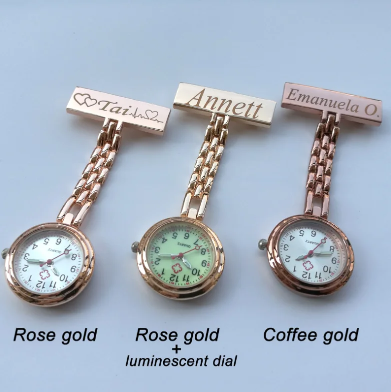 

Personalized Customized FREE Name Engraved Rose Gold Pin Brooch BIG Dial Luminescent TOP QUALITY Lapel Midwife Nurse Fob Watch, White, yellow, pink, purple, blue