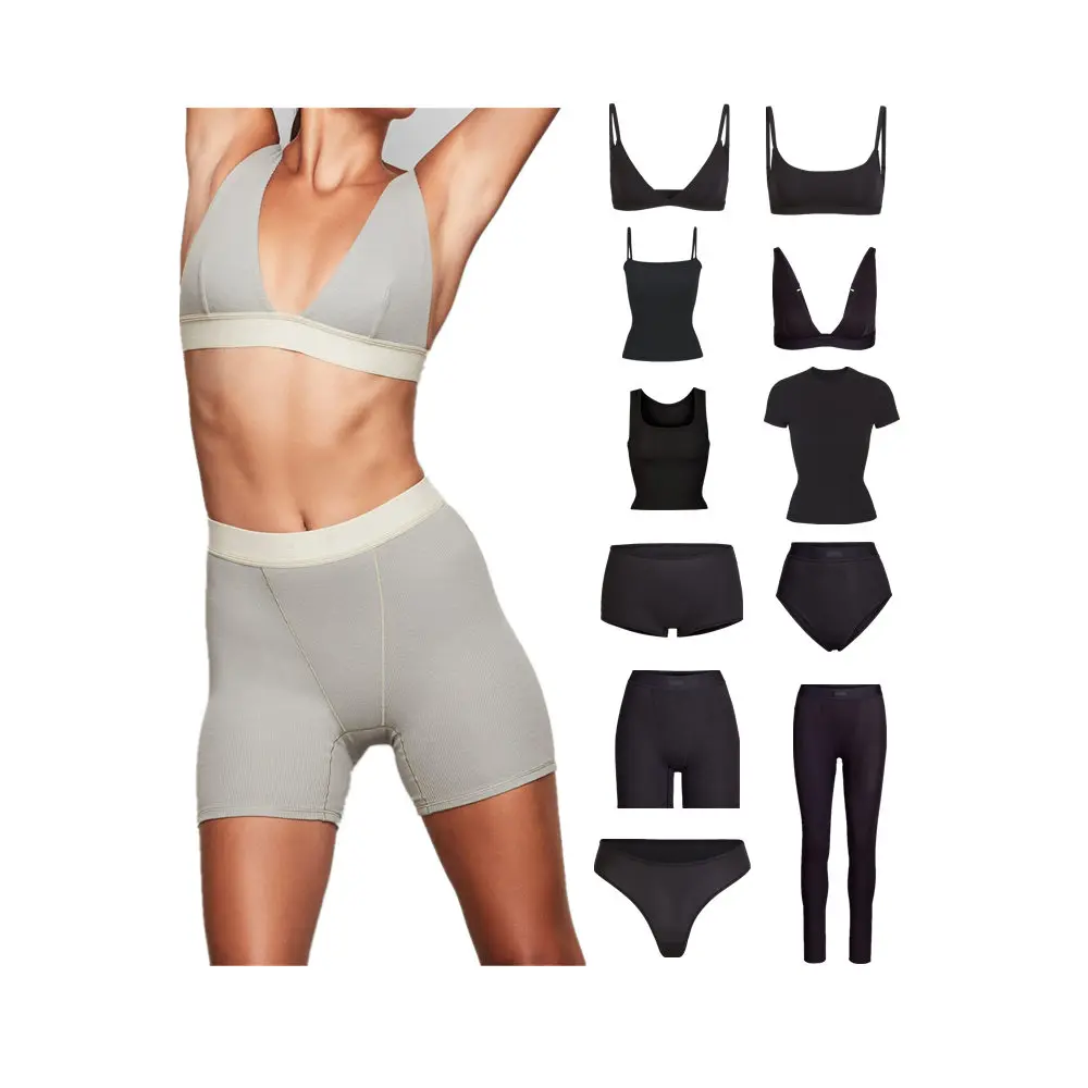 

2022 Custom Logo Women Summer Lounge Wear Ribbed Knit Jersey Skims Loungewear Underwear Cotton Bamboo two pieces Shorts set, Various colors or as customized