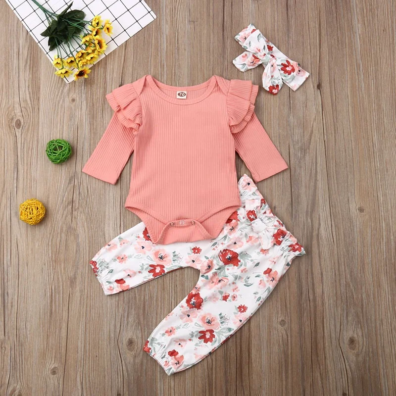 

RTS Stylish Pink Cotton Rompers Windproof Matching Flower Patter Pants Baby Girls' Clothing Set with Headband