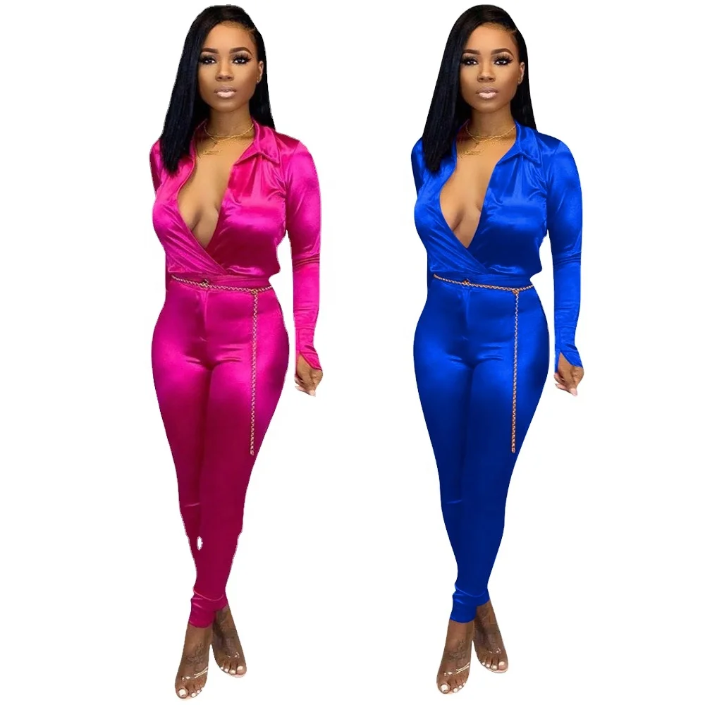 

The latest style solid color V neck bodysuit sexy two-piece pants suit two piece suit, As the picture shows