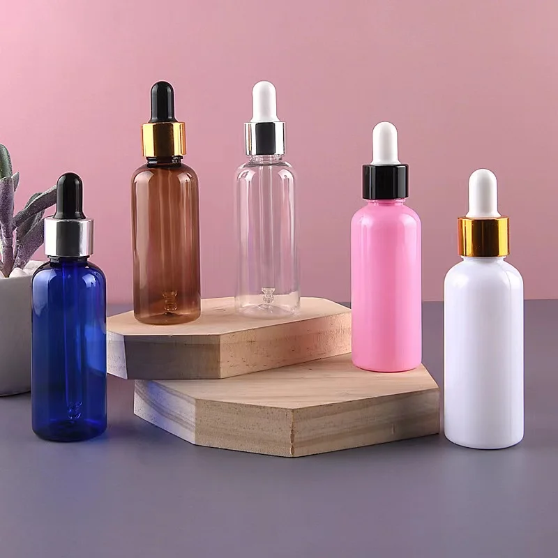 50ml 100ml luxury electrochemical aluminum PET2oz round essential oil serum plastic dropper Cosmetic dispenser empty bottle