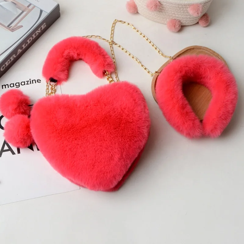

BB64 Heart Shaped Fashion Fall And Winter Furry Purse Bag matching headband set For Women, As picture,or custom