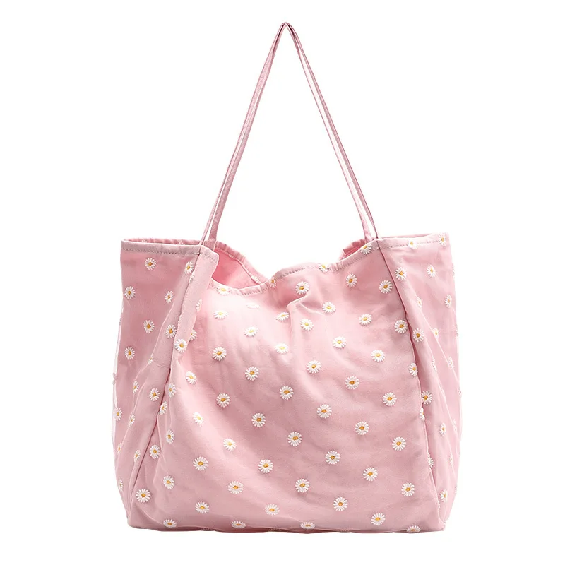 

Korean daisy embroidered canvas bag simple fashion  capacity tote shoulder bags, Beige