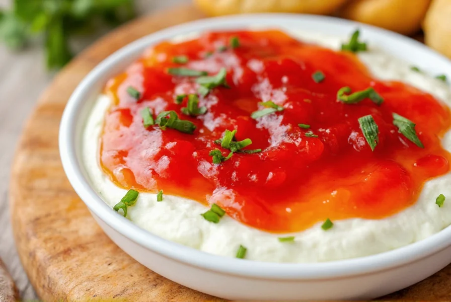 Close-up of pepper jelly dip with cream cheese base topped with red pepper jelly and garnished with fresh herbs on a wooden board