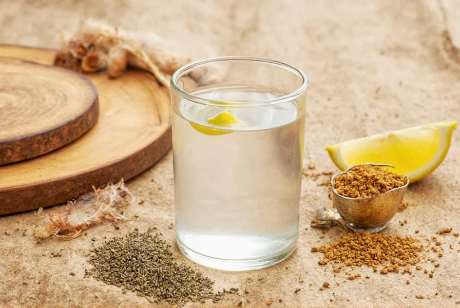 Cumin seeds next to glass of prepared cumin water