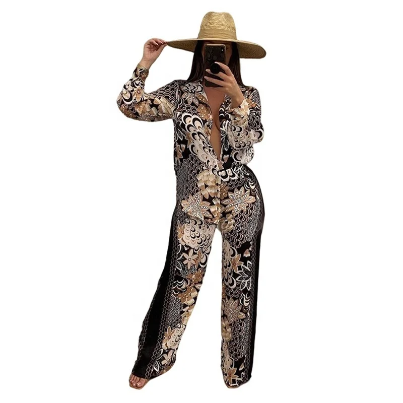 

2022 New Trending Fashion Long Sleeve Button Shirt Blouse Loose Long Pants 2 Piece Casual Boho Style Women Two Piece Set