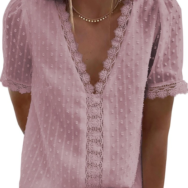 

2021summer women solid color T-shirt dark v-neck embroidered lace tees short-sleeved top for women