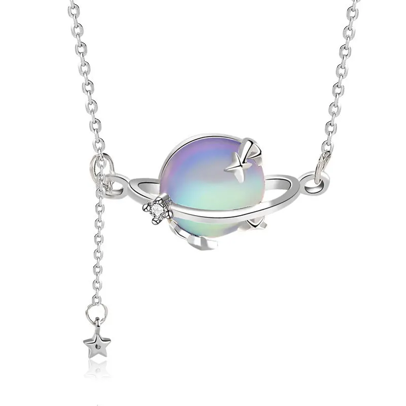 

Women's clavicle chain moonstone planet pendant necklace 925 sterling silver necklace chain, Silver color