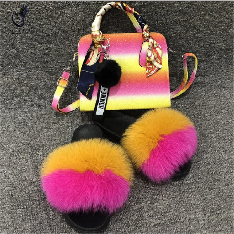 

New Design Fluffy Fur Slippers with jelly bag sets custom color fur slides and matching purse