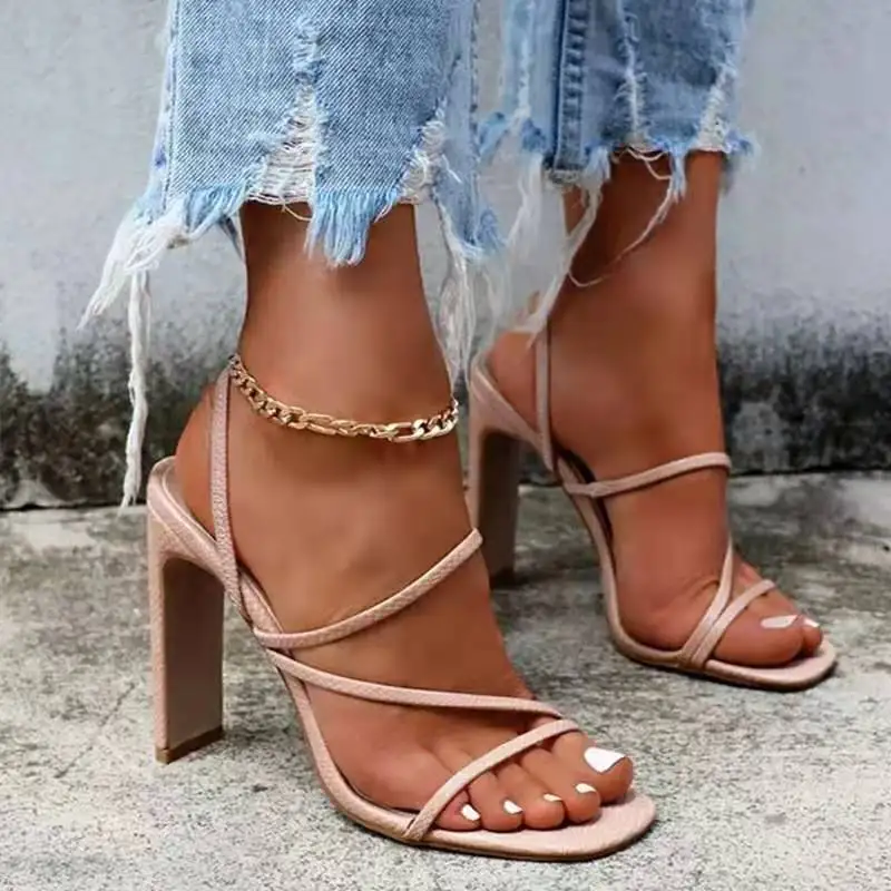 

Square Toe Solid Sandals 2021 High Heel Women Slides Block Heels Sandals For Ladies