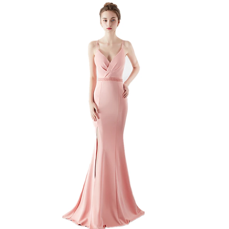 Wedding Bridesmaid Dress Pink Beaded Waist 7 Colors Women Mermaid Evening Prom Long Dresses