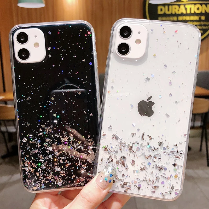

Luxury Bling Sparkle Sequin Star Glitter Cute Women Clear Mobile Phone Case for iPhone 11 Case, Black, pink,clear,green,purple