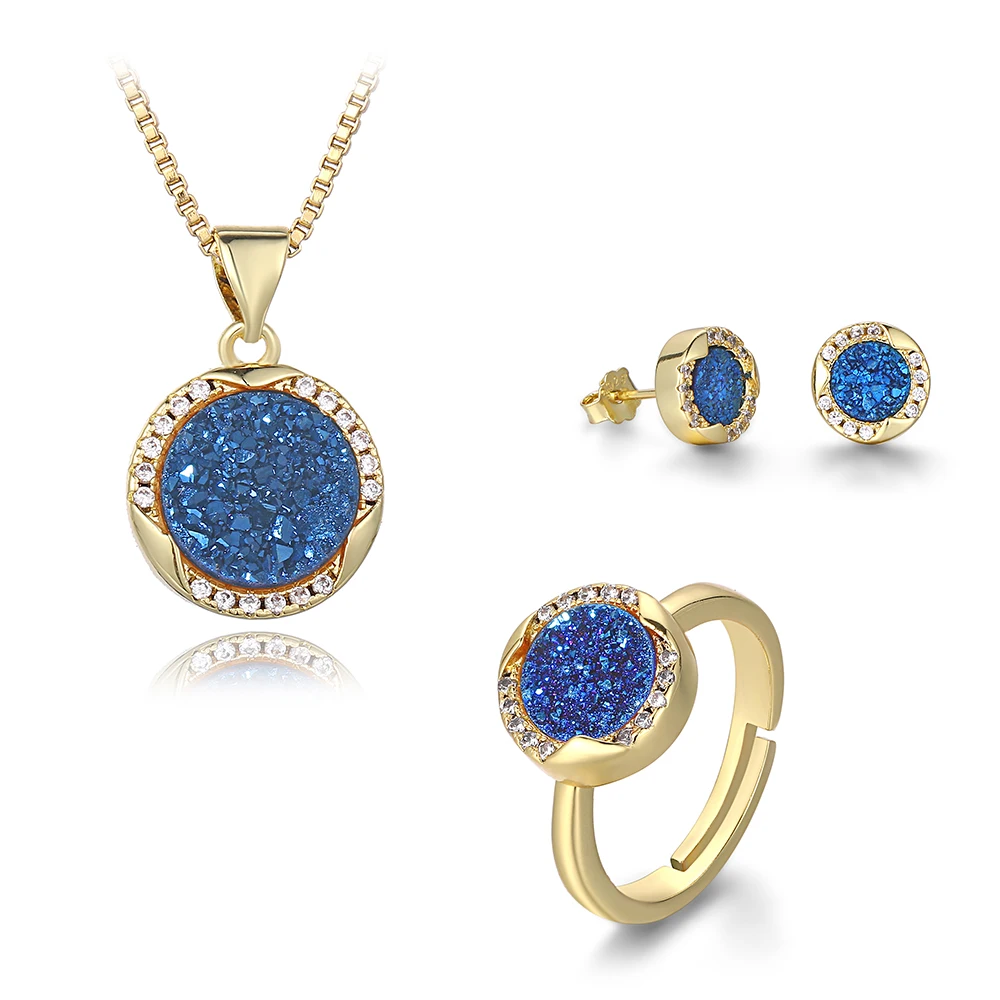 

custom natural druzy stone charms s925 silver post earring for fashion women wedding ring necklace jewelry set, Picture show