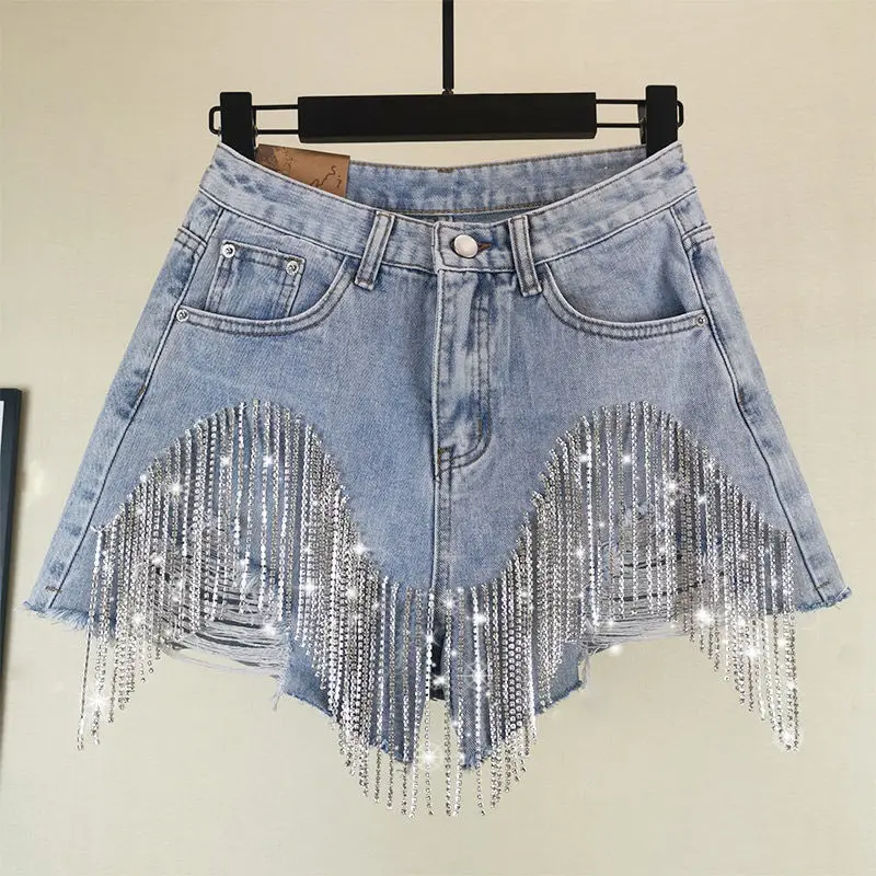 

2022 High Waist Beaded Sequin Blingbling Girls Jeans Pants Rhinestone Slim Booty Fringed Denim Ripped Denim Shorts Pants, Picture color