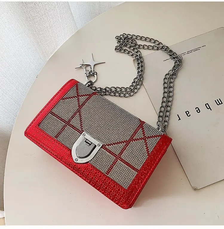 

trendy star square shaped evening shoulder bags pu leather chain diamond glitter women messenger bag, Silver, black