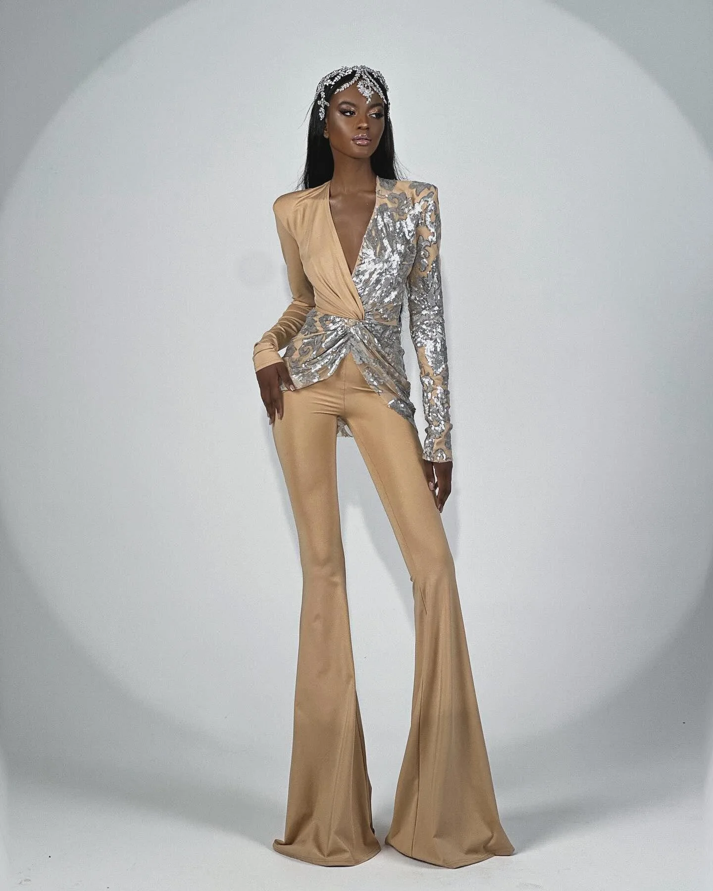 Elegant Sequin Embroidered Long Sleeve Jumpsuit Dress
