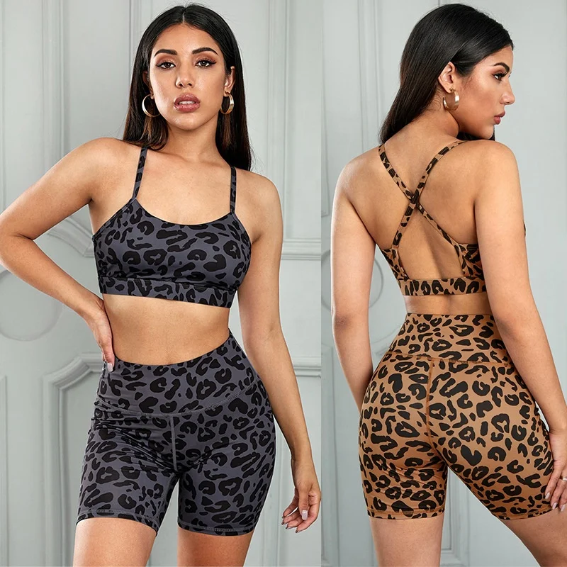 

YK-635 Two piece leopard print yoga short clothes suit with beauty back sports bra