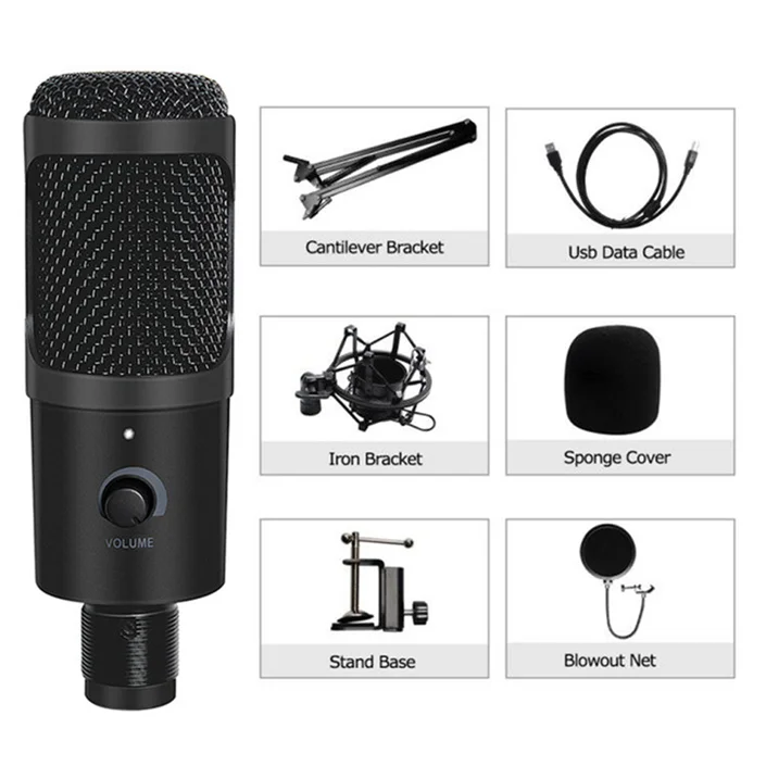 

BMG USB-K1 Conference Metal Studio Speaker Mic Desktop Microphone Recording with Arm Stand, Black