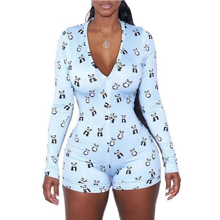 

TOB 2020 Autumn Rompers Sexy Deep V-Neck Button Long Sleeve Bodycon short print jumpsuit DZ002