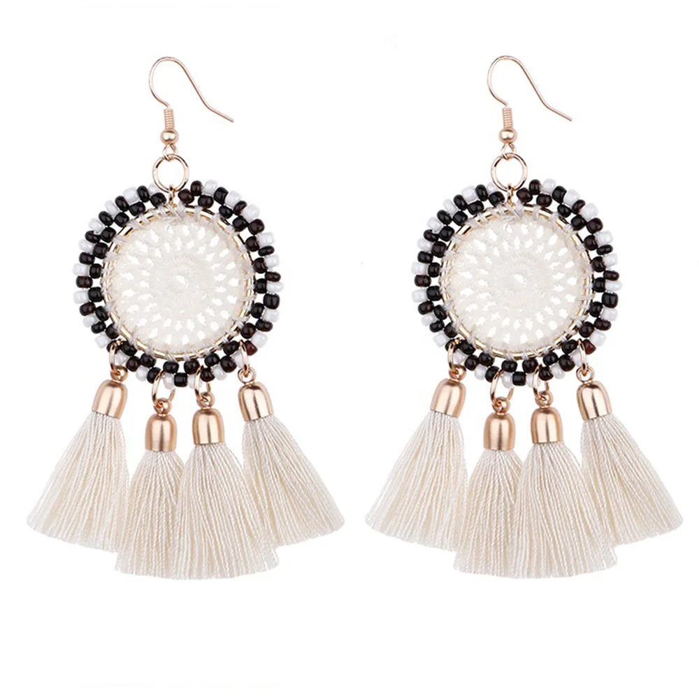 

Multicolor Woman Retro Ethnic Style Handmade Weave Rattan Long Tassel Earring, Silver color