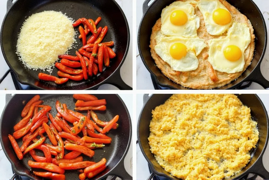 Step-by-step preparation of pepper and egg sandwich showing caramelized peppers and fluffy scrambled eggs in cast-iron skillet