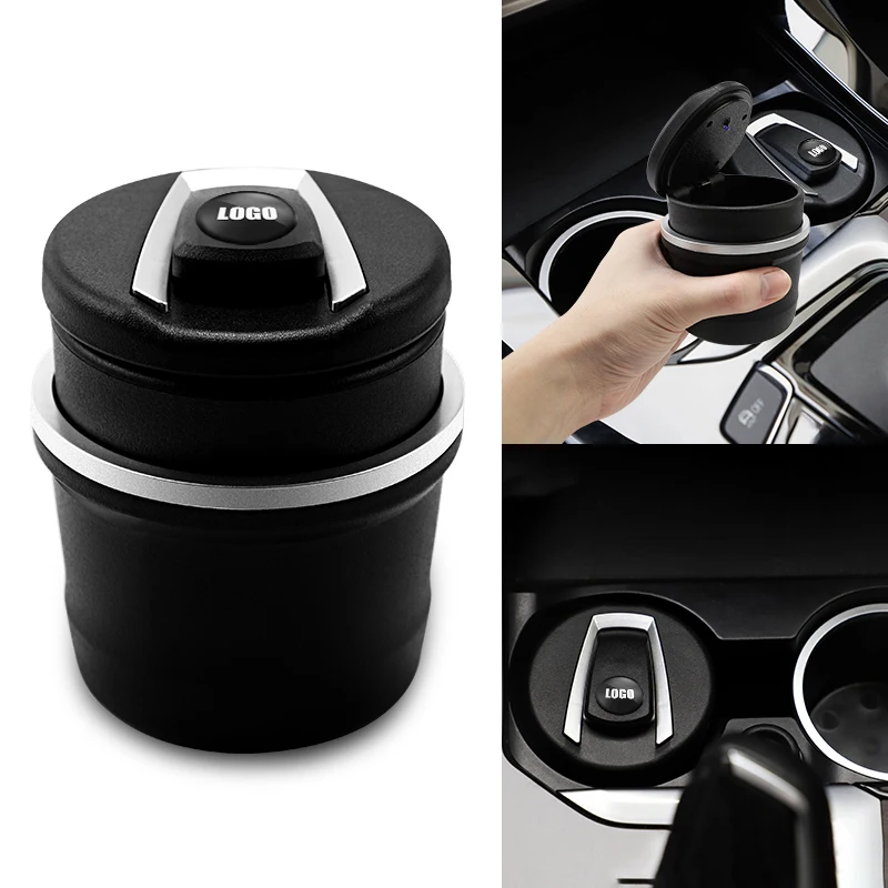 

Custom Car LOGO Accessories Portable LED Light Car Ashtray Universal Cigarette Cylinder Holder Styling, Black