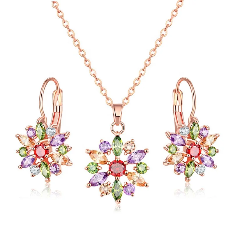 

Women Flower Colorful Jewelry Set Flower Hoop Earrings Flower Pendant Necklaces Wedding Accessories for Bridal Gift, Customized color