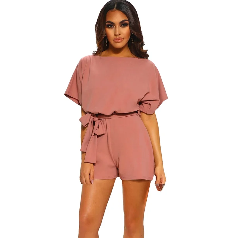 

New Products Read To Ship Sexy Plain Belted Keyhole Back Short Rompers Jumpsuit