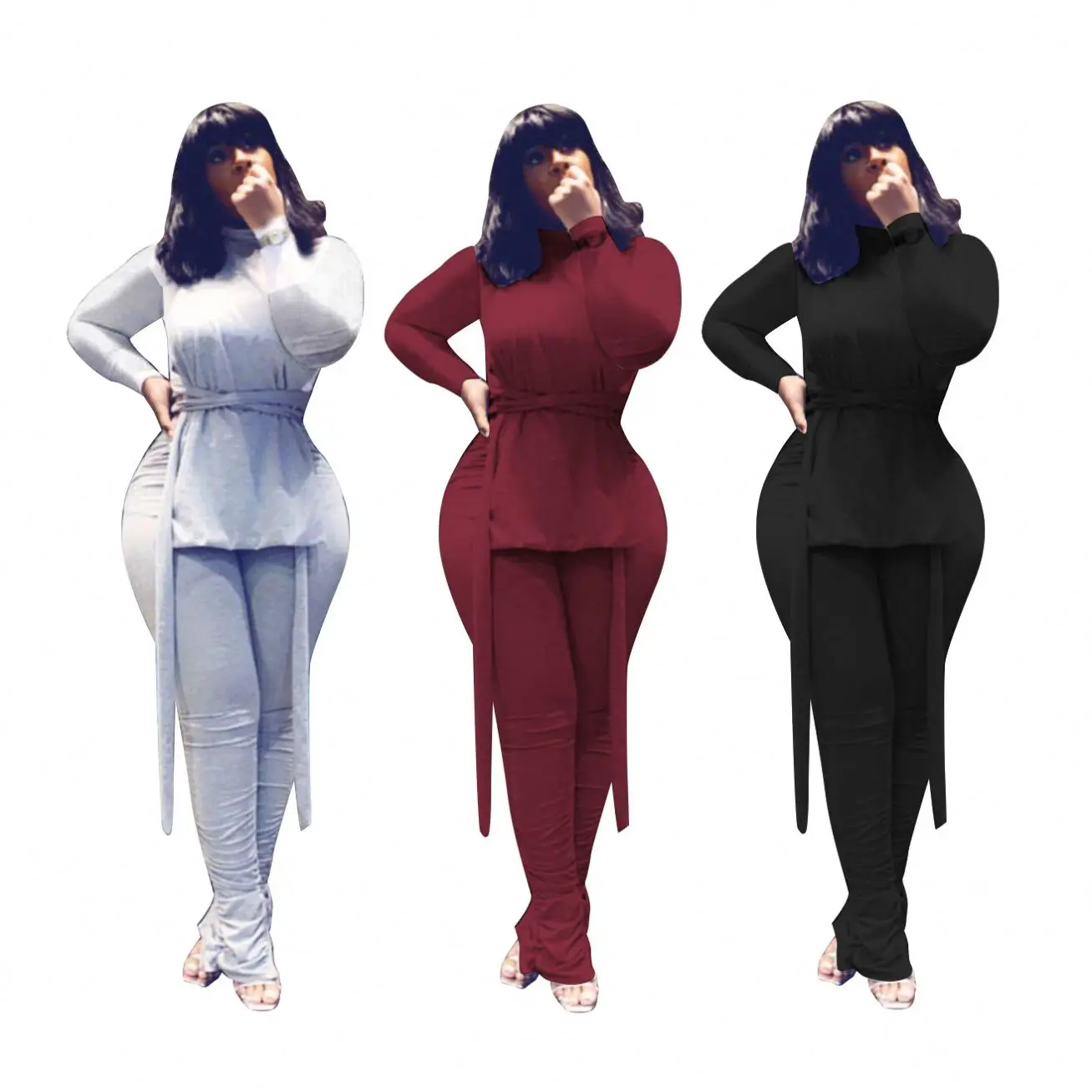 

M5198 winter turtleneck long sleeve two piece set women clothing fashionable 2 piece stack pants sets
