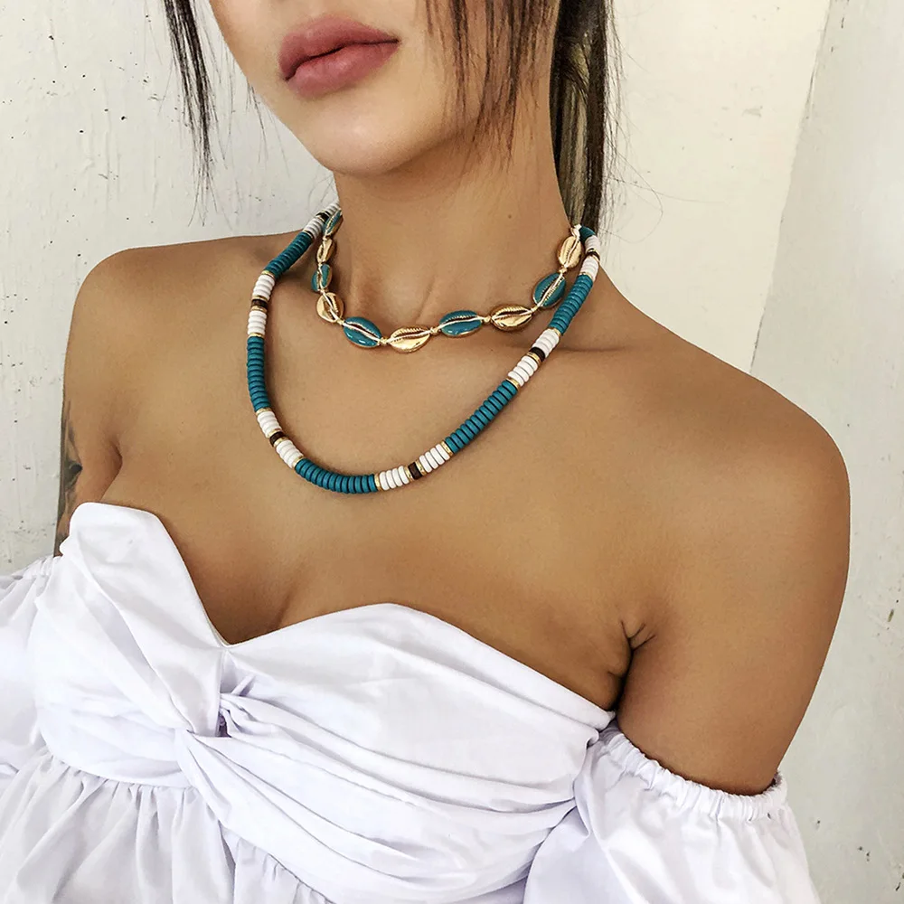

2021 Sailing Jewelry Bohemia Colorful Beaded Shell Necklace Double Layer Shell Beaded Necklace