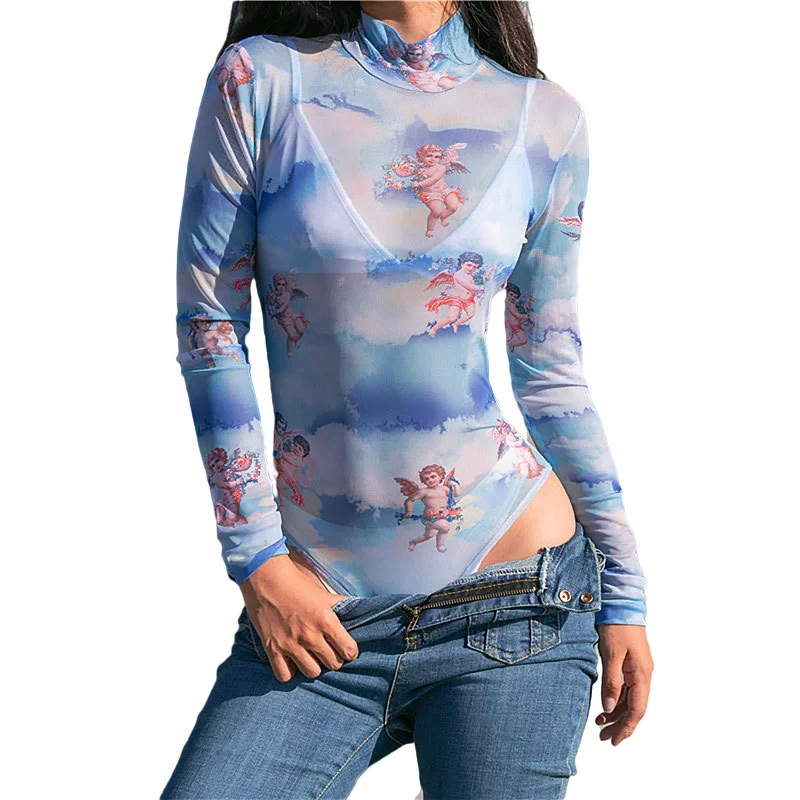 

2021 fashion angel printing sheer bodysuit long sleeve turtleneck jumpsuit spring and summer mesh long sleeve bodysuit