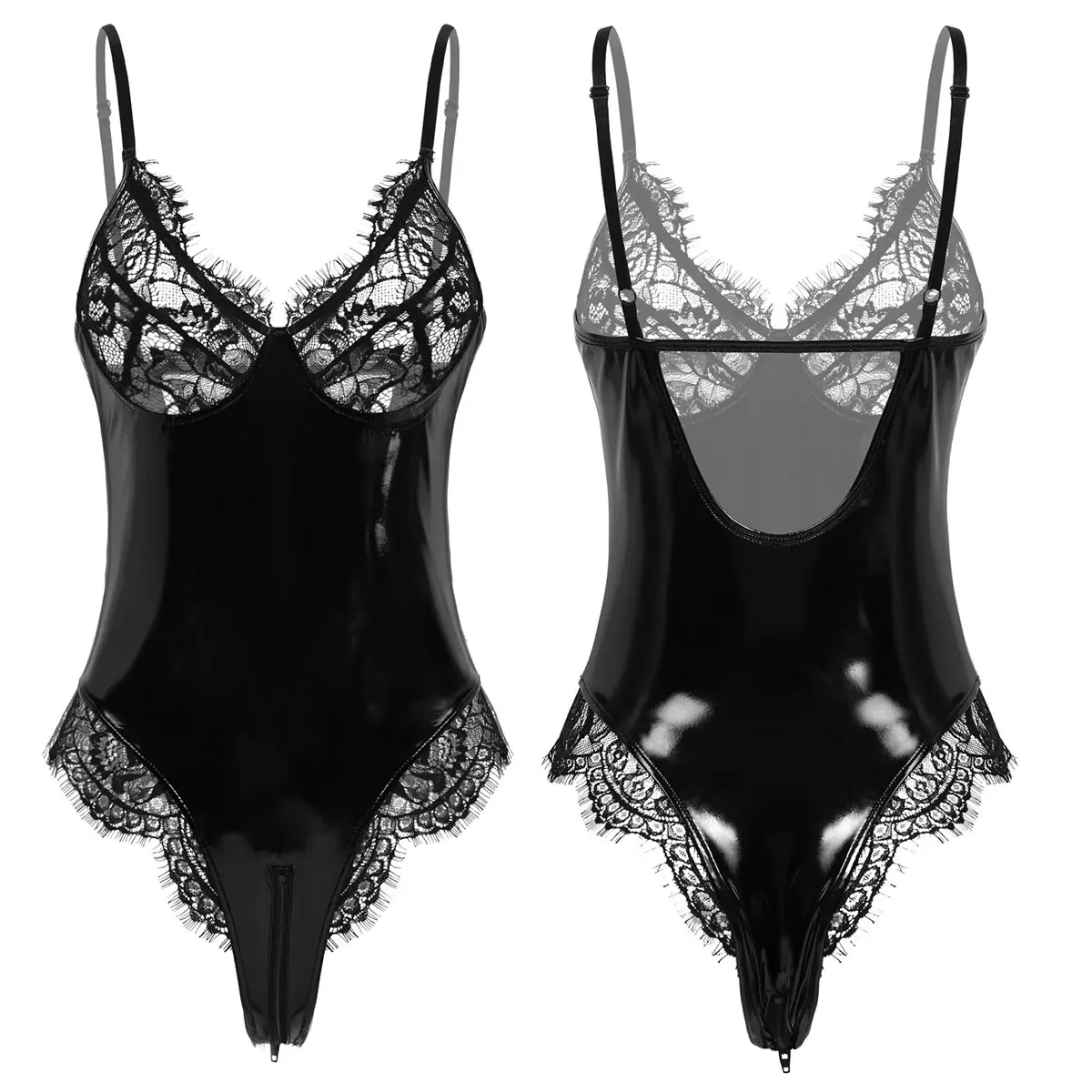 

iEFiEL Womens Wetlook Leather Lingerie Adjustable Strap Sexy One Piece Bodysuit Lace Trim for Lingerie