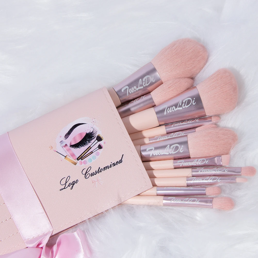 

TuoLiDi Custom Logo 11pieces Pink Makeup Brushes Set Private Label Rose Vegan Make up Brush Set wood handle with Bag